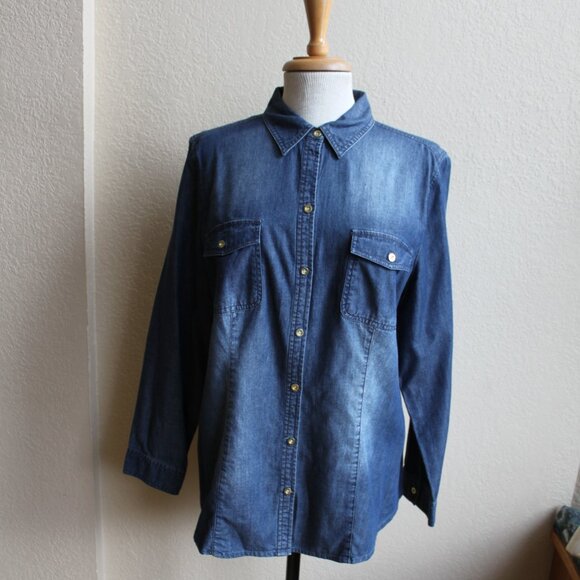 Chico's Tops - Chico's Blue Lightweight 100% Cotton Denim Button Down Shirt 2 M/L Gold Buttons